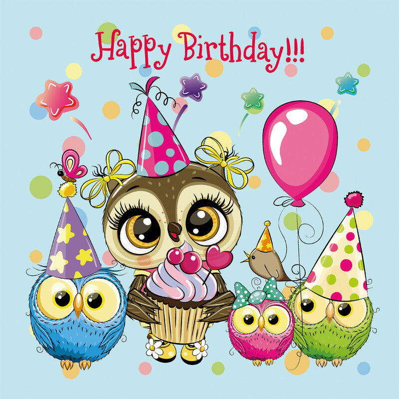 Fasana Servietten Happy Birthday Owls – 33 × 33 cm – 3-lagig, Tissue – 20 Stk., FSC
