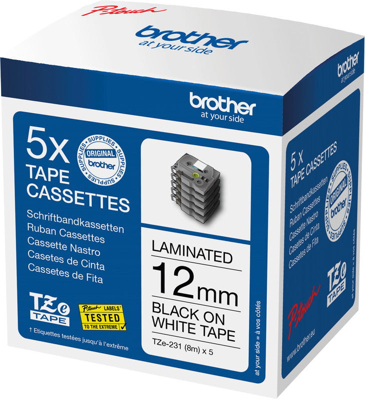 Brother Schriftband – 12 mm × 8 m, weiss, schwarz, laminiert – 5 Stück