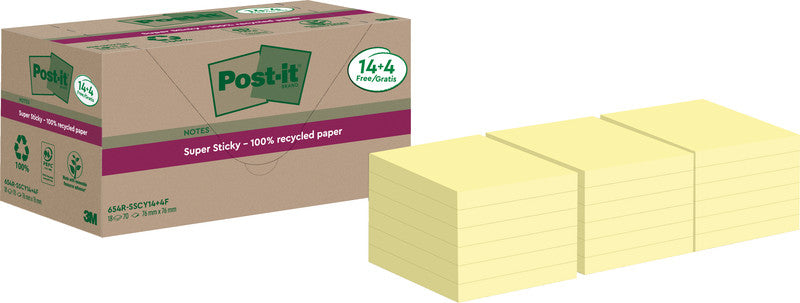 Post-it Super Sticky Haftnotizen – 76×76 mm – gelb, 18×70 Blätter, PEFC