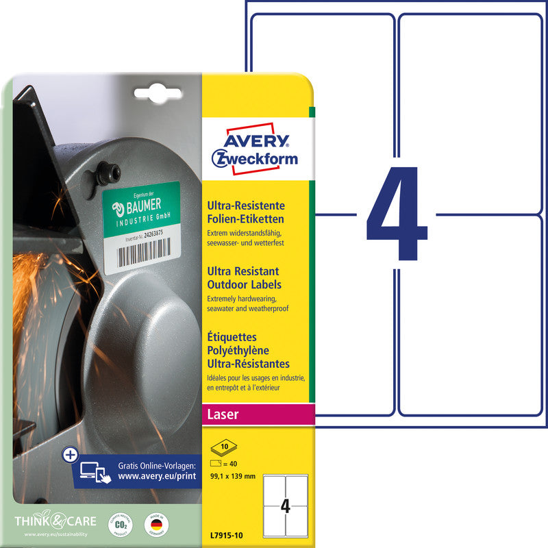 Avery Bogenetiketten, 99 mm × 139 mm, weiss, Folie, extra stark