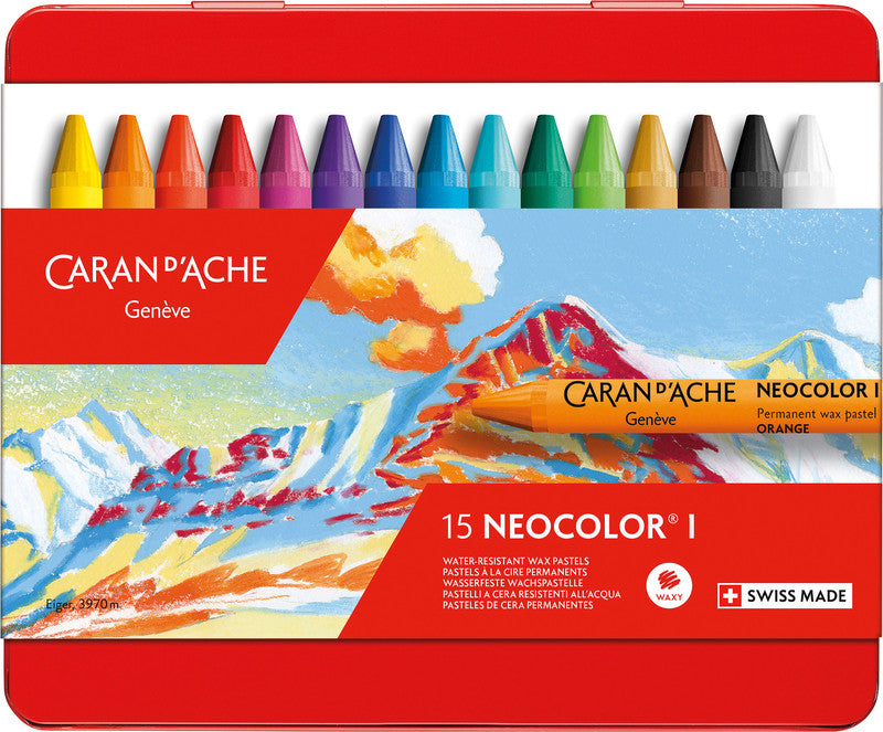 Caran d-Ache Caran d'Ache Neocolor I Farbstifte-Set – 15 Farben, Mine Ø 8,6 mm, Metallschachtel