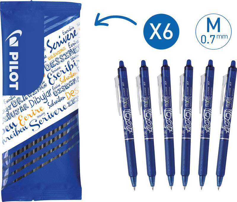 Pilot FriXion Ball Clicker – radierbares Tintenroller-Set, 0,7 mm, blau, 6er Pack