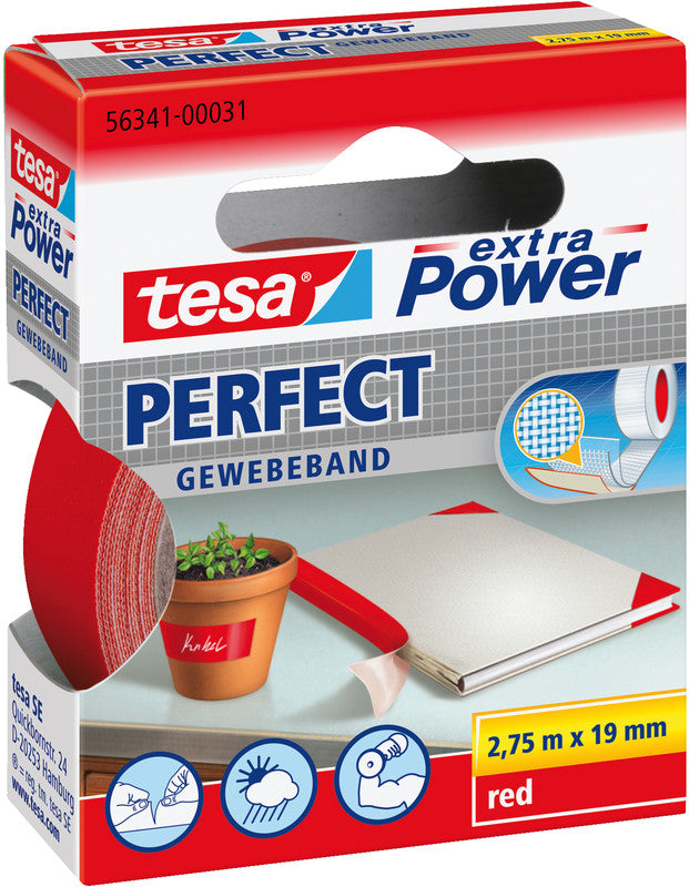 TESA Klebeband extra Power Perfect – strukturiert, 19 mm × 2,75 m, rot