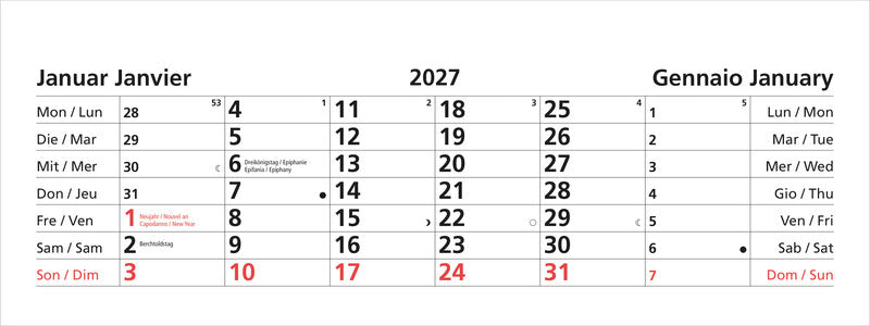 Biella Abreisskalender 1 Monat pro Blatt – viersprachig D/F/I/GB – 2027 – 24 × 9 cm