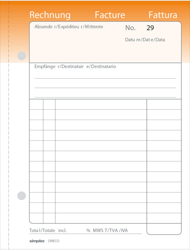 Simplex Formularblock – Rechnungen, mehrsprachig, 50 Blatt, A6