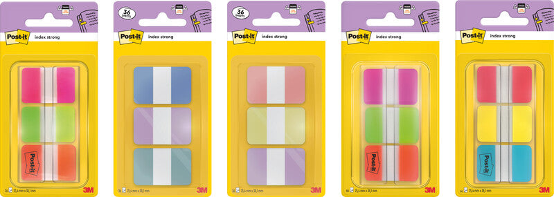 Post-it Indexstreifen Strong – 25,4×38 mm – sortiert (rot, gelb, blau), 3×22 Stück, mit Dispenser