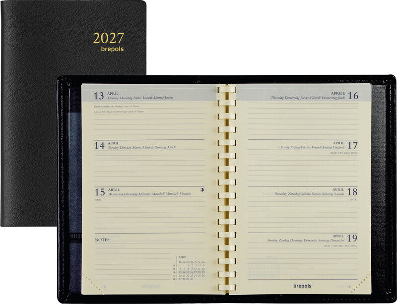 Brepols Delta 834 Agenda – 1 Woche/2 Seiten, Spiralbindung, 8,1 × 12 cm, 2027, Schwarz, FSC