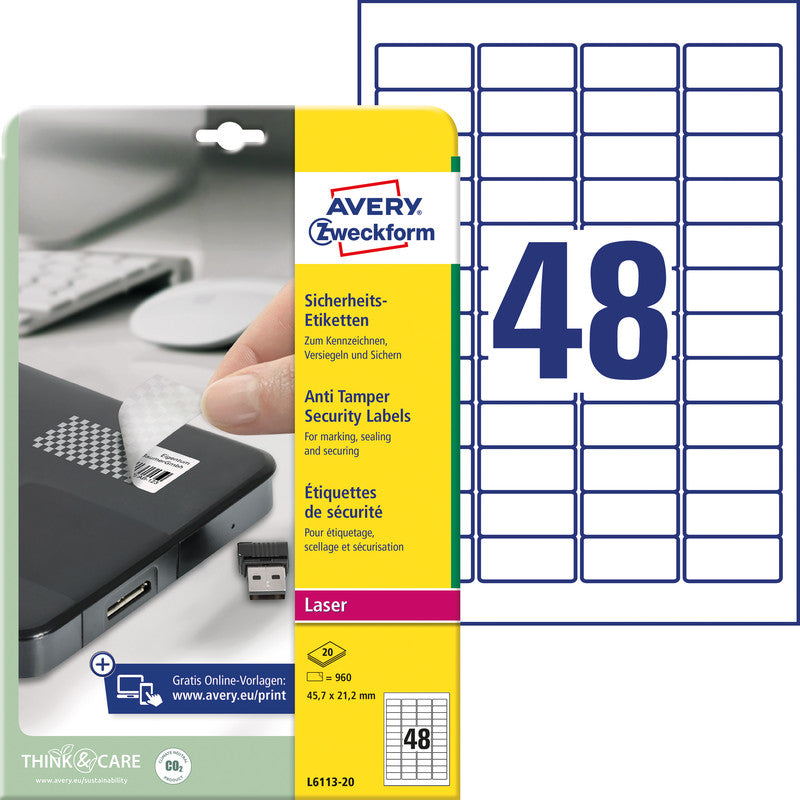 Avery Bogenetiketten, 46 mm × 21 mm, weiss, Folie, extra stark, 960 Etiketten (20 Blatt)