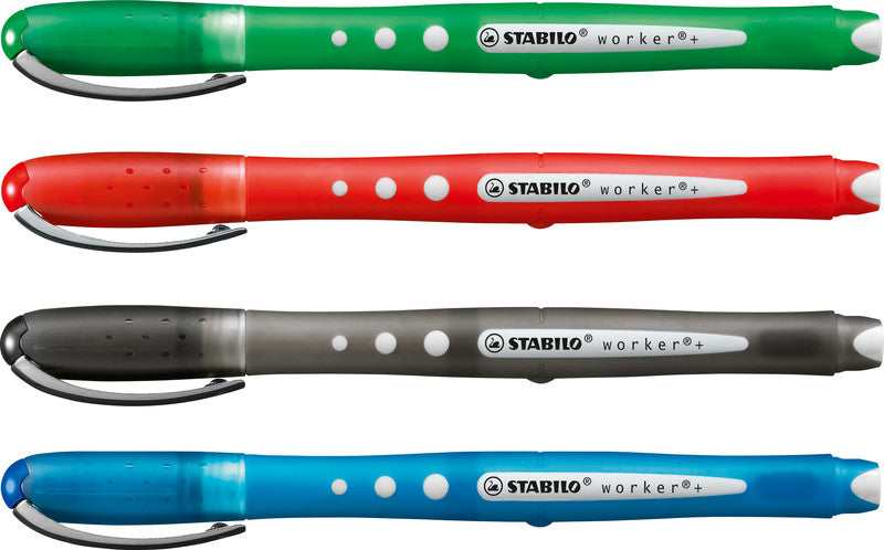 STABILO worker+ colorful – Tintenroller-Set, mit Kappe, 0,5 mm, farbig sortiert, 4er Etui, für Linkshänder