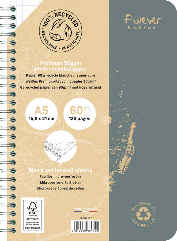 Clairefontaine Spiralheft A5, kariert, Spiralbindung, 60 Blatt, perforiert, 90 g/m² – sortiert