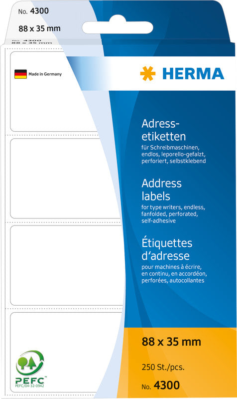 HERMA Adressetiketten, 88 mm × 35 mm, weiss, Papier, permanent, 250 Etiketten