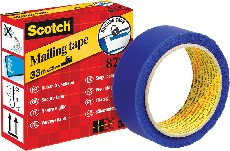 Scotch Siegelband 820 – permanent, postgenehmigt, glatt, Kunststoff, 35 mm × 33 m, blau