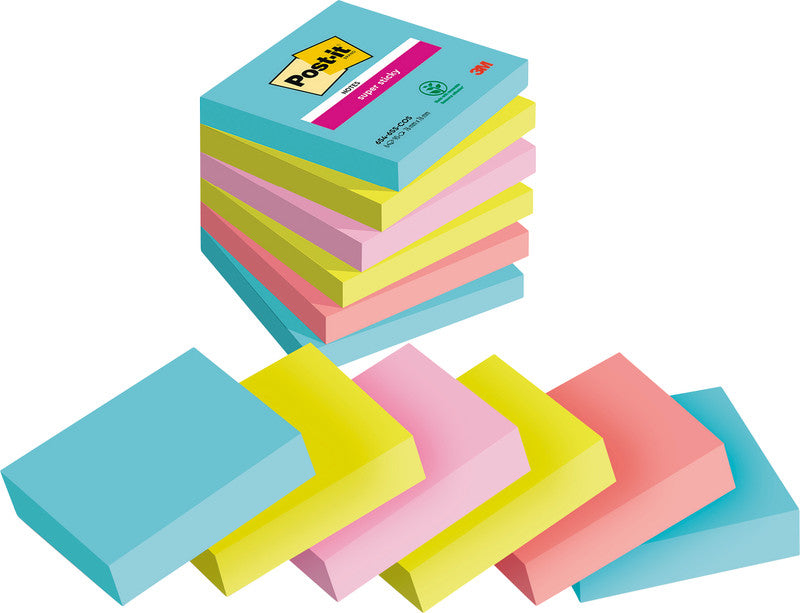 Post-it Super Sticky Haftnotizen – 76×76 mm – sortiert, 6×90 Blatt, PEFC