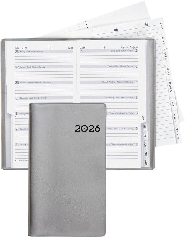 Biella Planer Bern Agenda – 1 Woche/1 Seite, geheftet, 8,7 × 15,3 cm, Jan–Dez, 2026, silber, PEFC