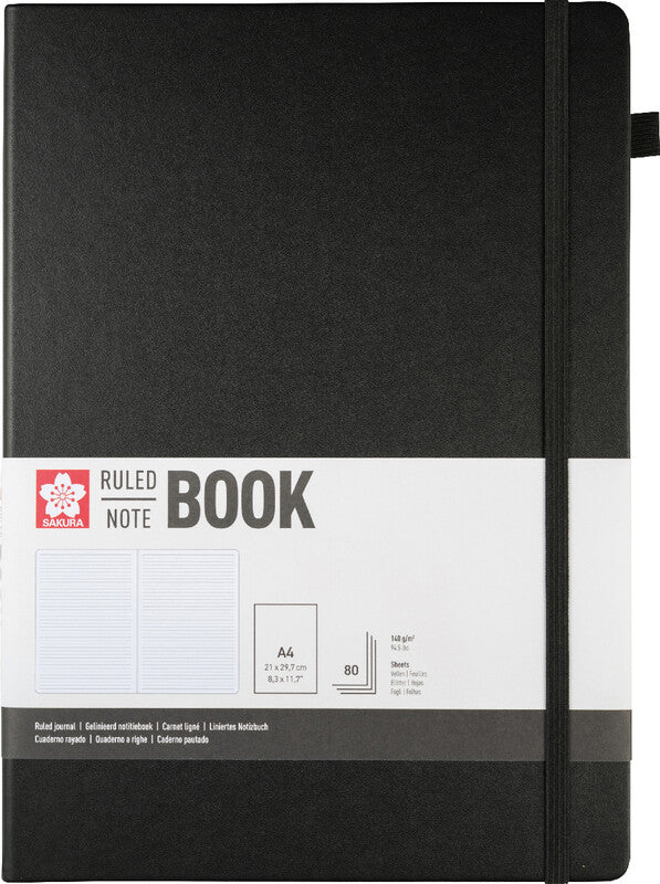 Sakura Notizbuch – A4 – Liniert 7 mm – 160 Seiten – 140 g/m² – Gebunden, Gummiband, Stiftschlaufe, Schwarz