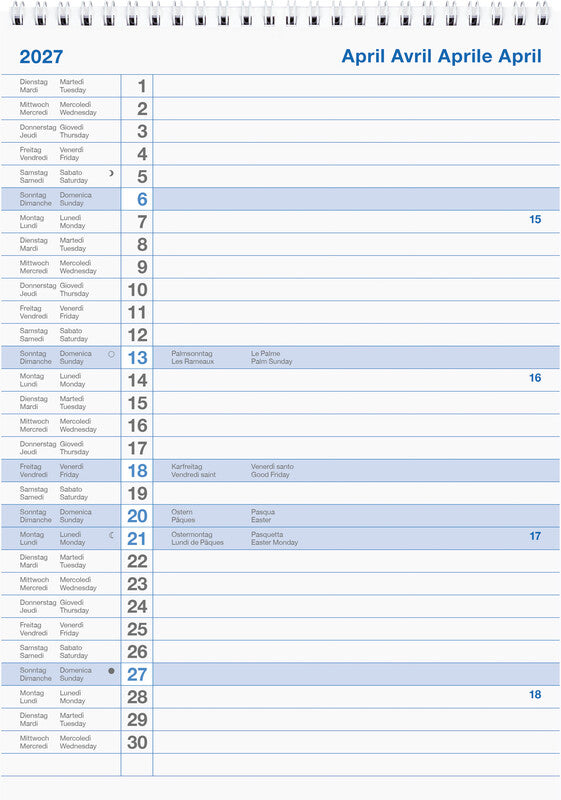 Biella Wandkalender – viersprachig d/f/i/gb – 2027 – Spiralbindung – 21 × 29,7 cm