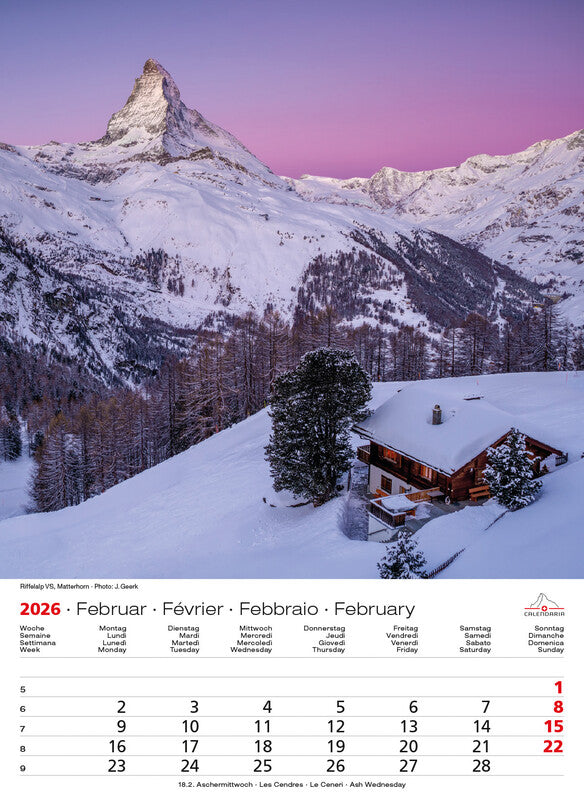 Calendaria Bildkalender Swiss Souvenir 2026 – 23 × 31,5 cm – mit Aufhänger