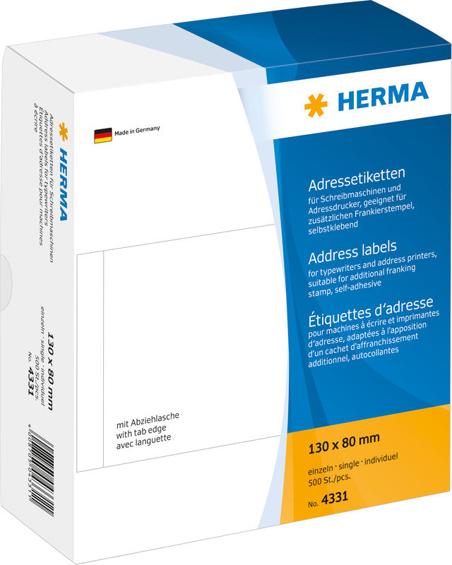 HERMA Adressetiketten, 130 mm × 80 mm, weiss, für Schreibmaschinen und Adressendrucker, 500 Etiketten