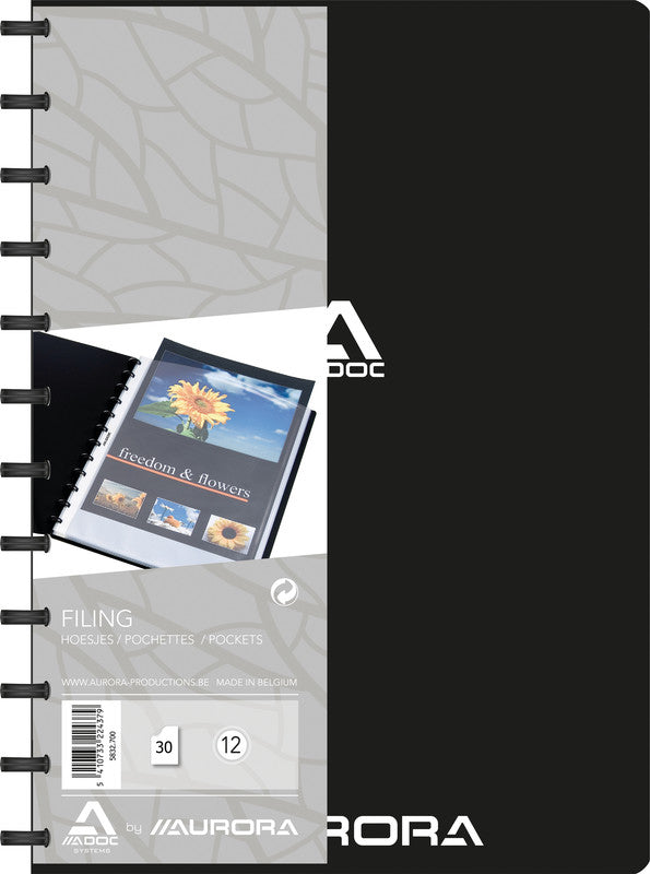 Adoc Sichtbuch Bind-Ex Aurora – 30 Sichttaschen, A4, austauschbar, genarbt, antireflex, schwarz, Kunststoff