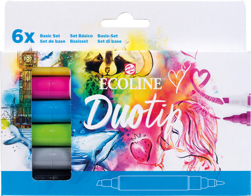 Ecoline Non-Permanent-Marker Duotip – Keilspitze 6 mm, Rundspitze 1-2 mm – sortiert – 6er-Set – wasservermalbar