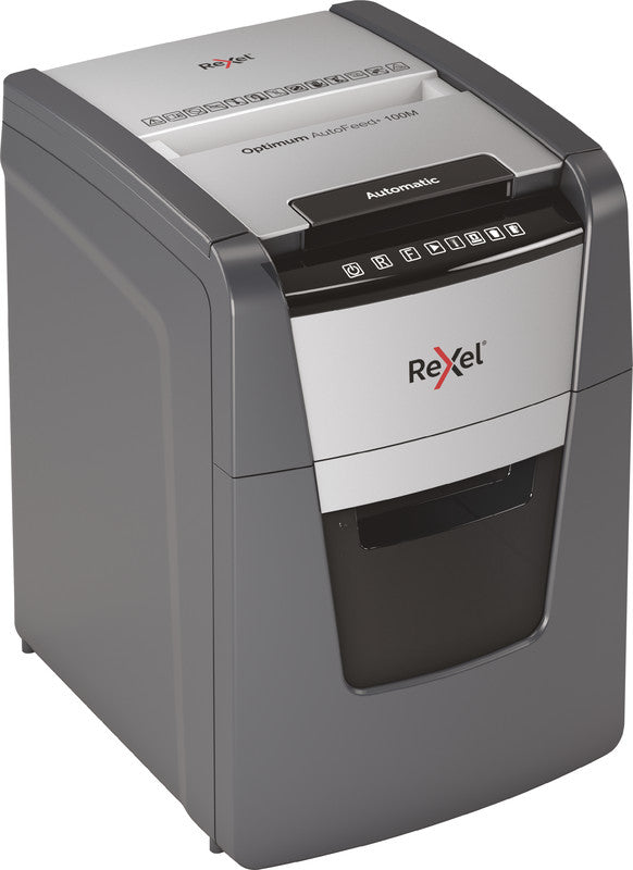 Rexel Optimum AutoFeed+ 100M – Aktenvernichter mit Autofeed 100 Blatt, DIN P-5, Mikroschnitt 2 × 15 mm, 34 l