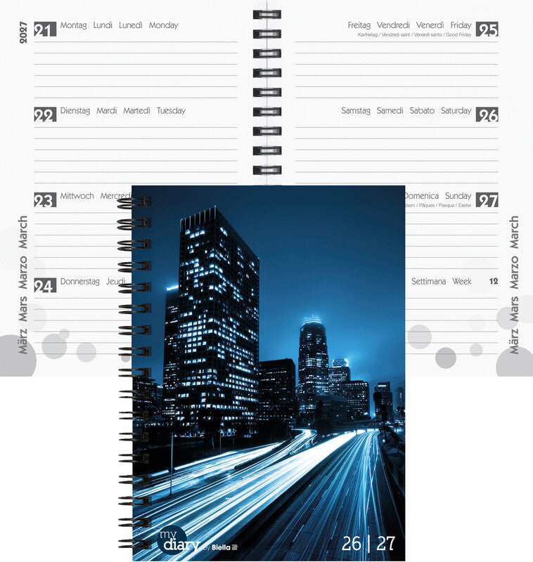 Biella mydiary Schüleragenda – 1 Woche/2 Seiten, Wire-O, 12 × 16,5 cm, Aug–Jul, City, FSC