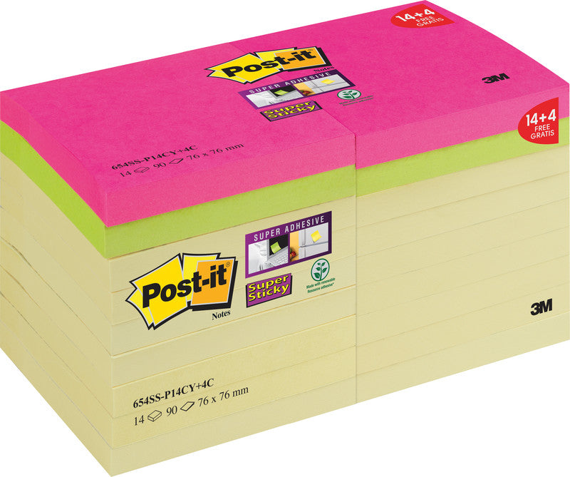 Post-it Super Sticky Haftnotizen – 76×76 mm – sortiert (gelb, Ultrapink, Neongrün), 18×90 Blatt, PEFC