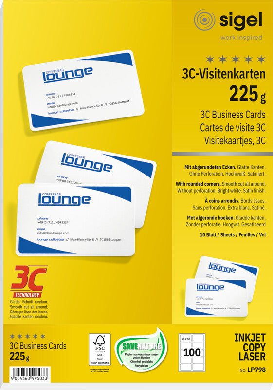 Sigel Visitenkarten, 85 × 55 mm, 190 g/m² – für Laser/Inkjet/Kopierer – A4, 10/Blatt – 100 Karten