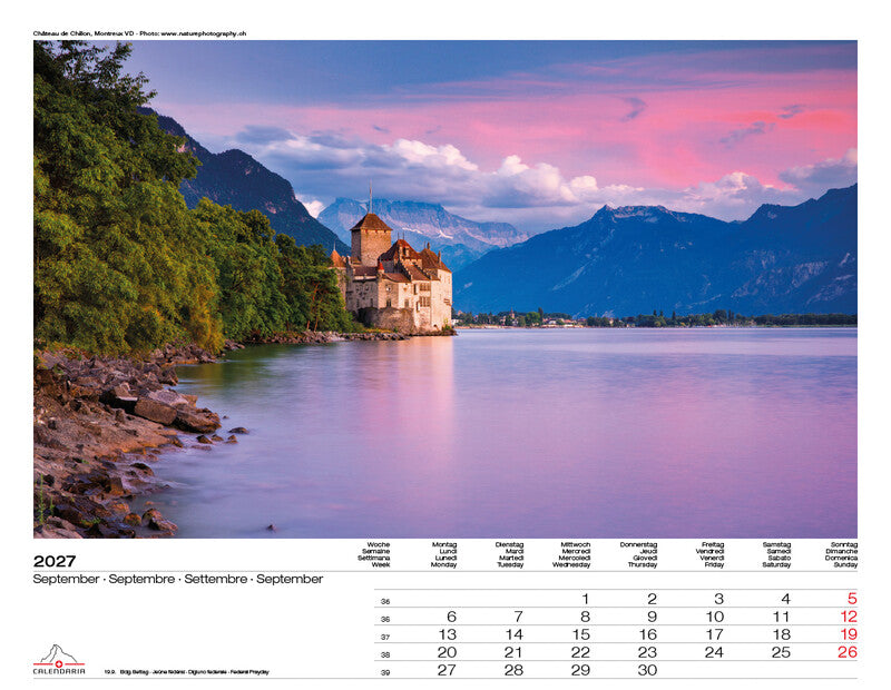Calendaria Bildkalender Schweiz 2027 – 40 × 31 cm – Kalendarium d/f/i/e