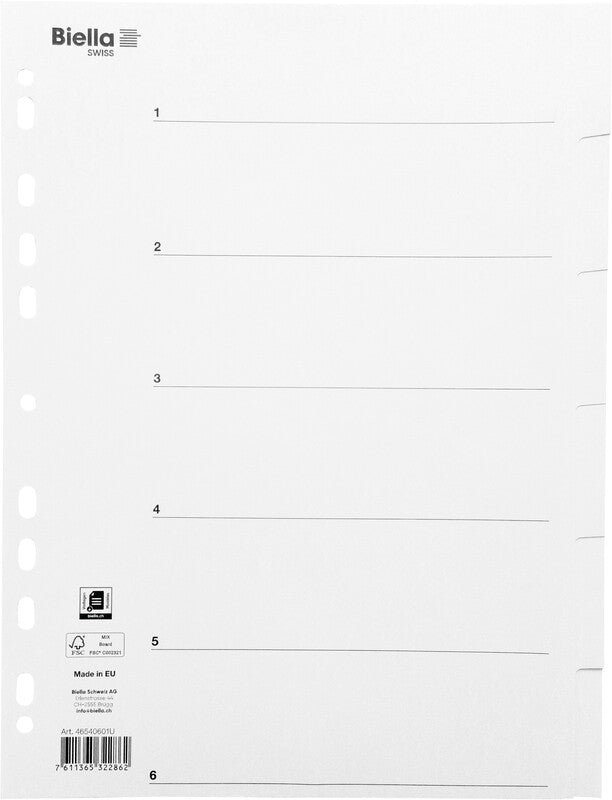 Biella Register – Vollformat, 6-teilig, Karton, weiss, unbedruckt, Indexblatt, 11-fach – für A4 hoch