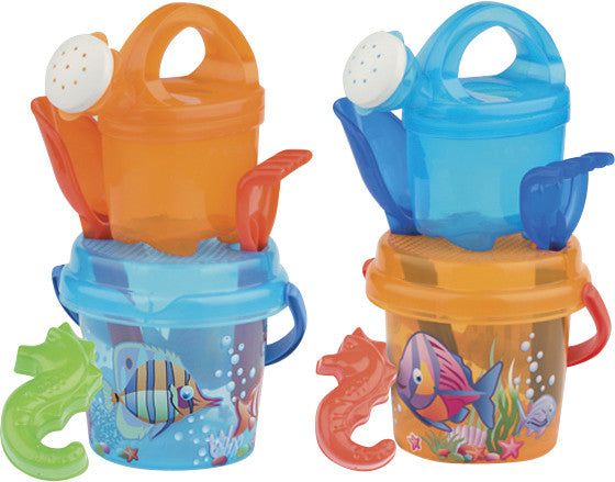 Androni Sandspielzeug-Set – Eimer 13 cm, Giesskanne 500 ml, Schaufel, Rechen, Sandform