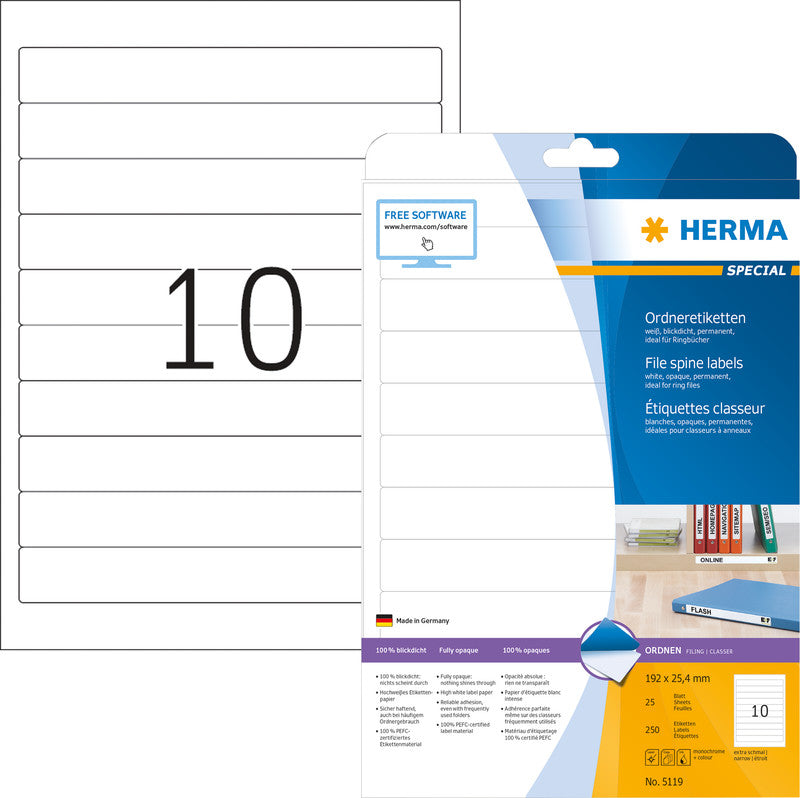 HERMA Ordneretiketten, 192 mm × 25 mm, weiss, Papier, permanent, 25 Blatt (250 Etiketten)