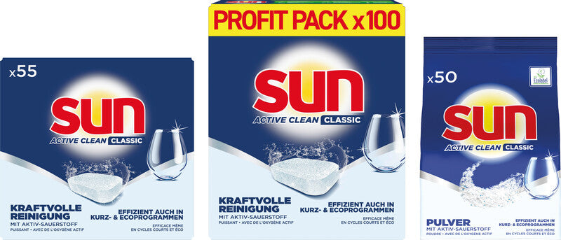 Sun Classic Active Clean Spülmaschinentabs – für Geschirrspüler – 100 Tabs