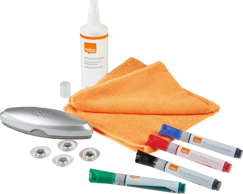 Nobo Starter-Kit, inkl. Marker, Wischer, Magnete – für Glas-Magnettafeln – 11-teilig