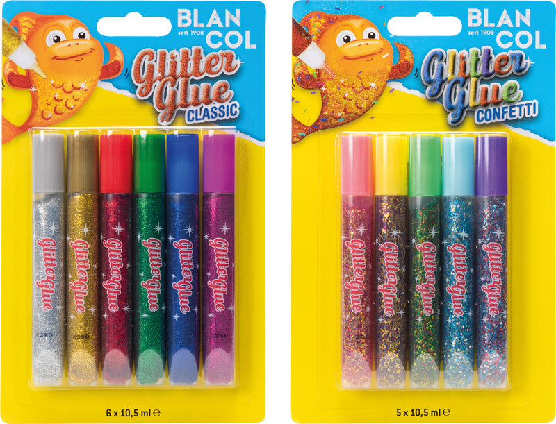 BLANCOL Glitzerkleber Classic – farbig sortiert – Set 6 × 10,5 ml – auswaschbar, lösungsmittelfrei
