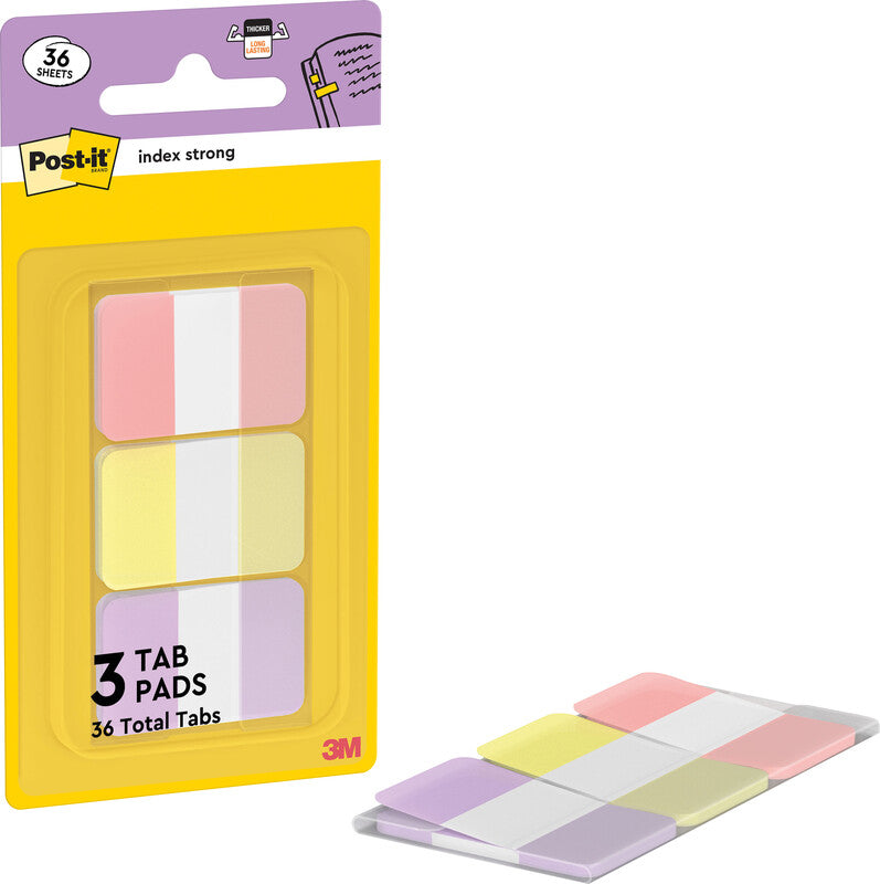Post-it Indexstreifen Strong – 25,4×38 mm – sortiert, 3×12 Stück, mit Dispenser