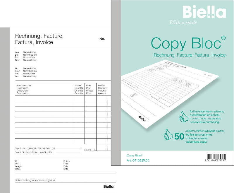 Biella Formularblock – Rechnung, mehrsprachig, 50 Blatt, A5