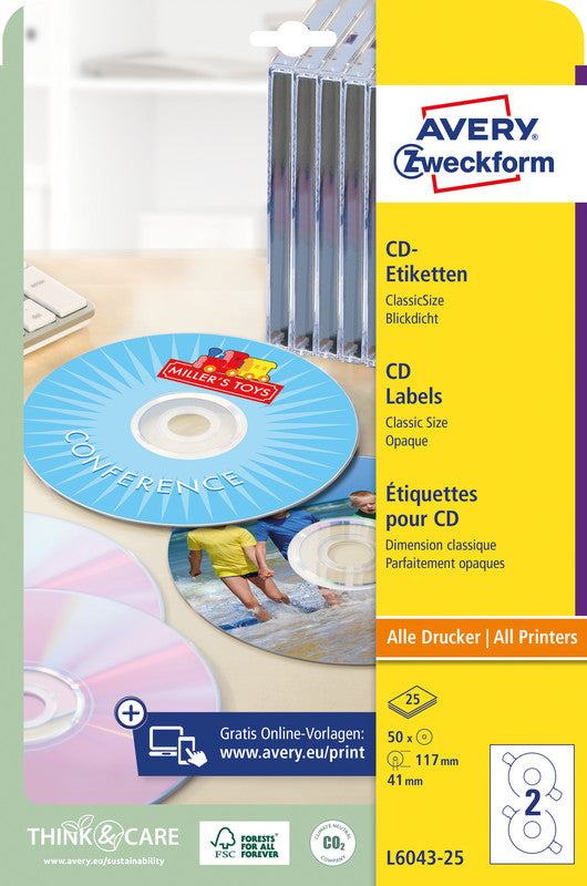 Avery CD-/DVD-Etiketten, Ø 117 mm, weiss, Papier, permanent, 50 Etiketten (25 Blatt)