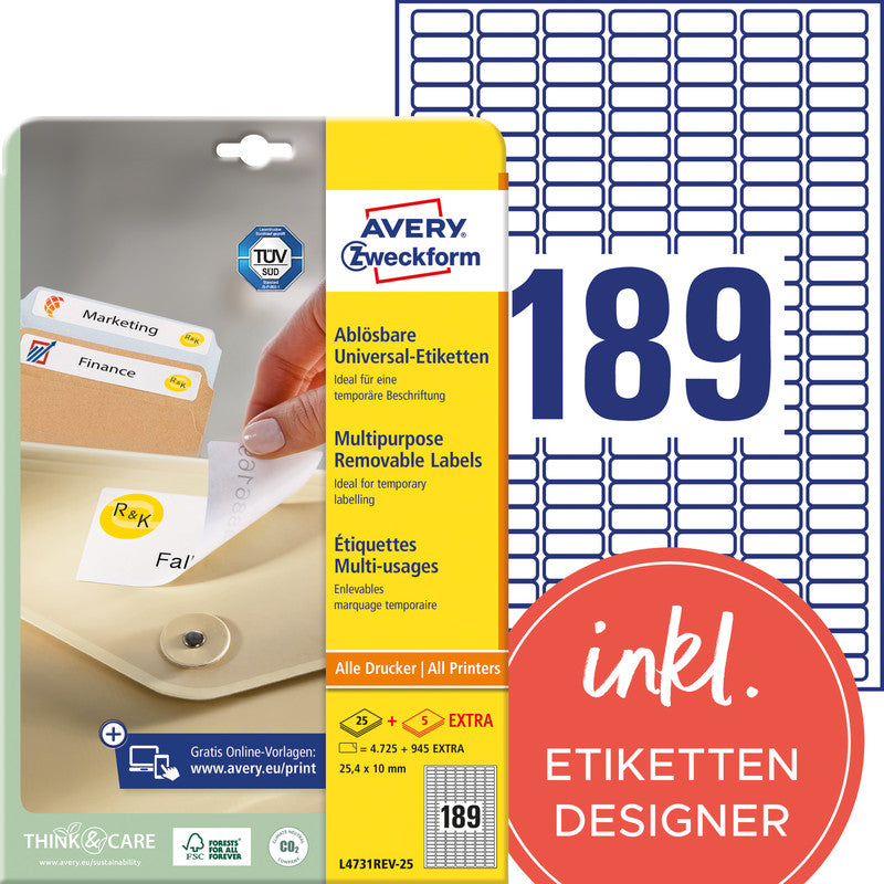 Avery Drucketiketten, 25 mm × 10 mm, weiss, Papier, wiederablösbar, 30 Blatt (5670 Etiketten)