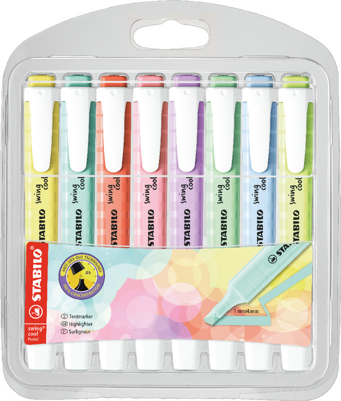 STABILO swing cool Pastel Edition Textmarker Set 8 Farben Pastell – Keilspitze, 1–4 mm