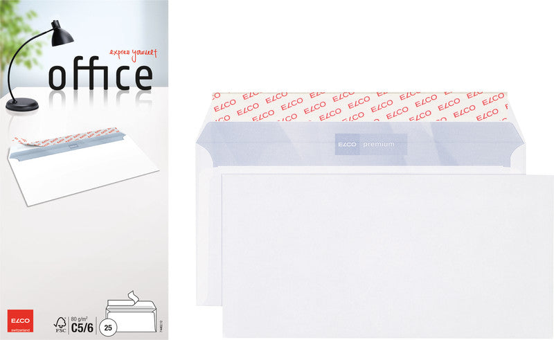 Elco Couvert C5/6, ohne Fenster, selbstklebend, hochweiss, 80 g/m², mit Innendruck – 25 Stk.