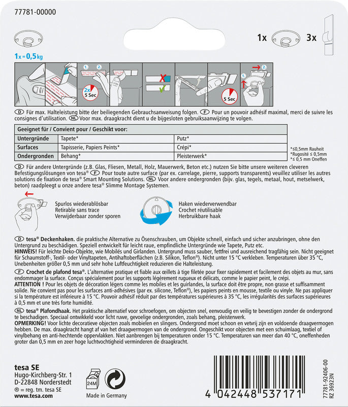 TESA Deckenhaken – Kunststoff, weiss, 12 × 14 × 2,9 cm – 1er-Pack