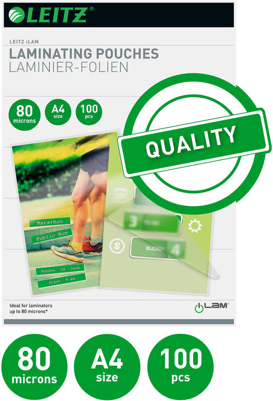 Leitz Laminierfolien A4, glänzend – 80 µm, 216 × 303 mm, 100 Stk.
