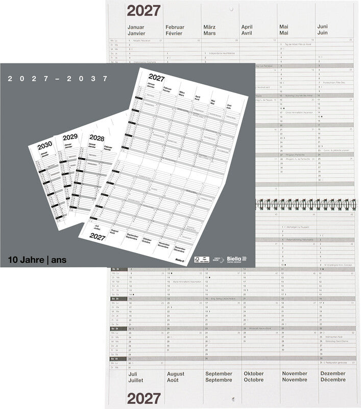 Biella 10-Jahres-Kalender – zweisprachig D/F – 2027–2037 – laminiert, Spiralbindung – 30 × 24 cm