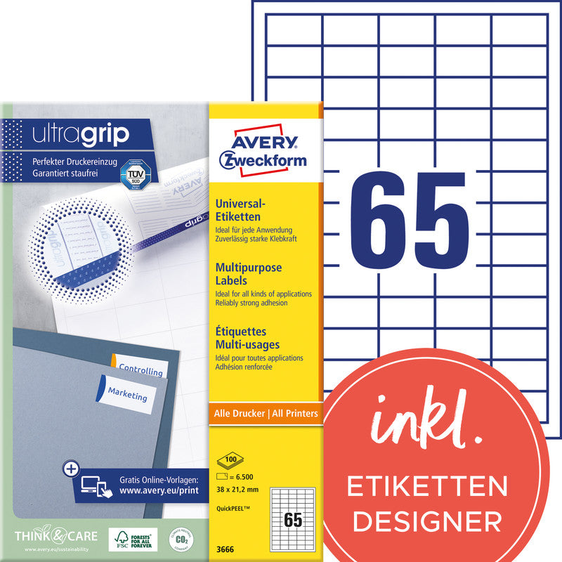 Avery Etiketten QuickPEEL, 38 mm × 21 mm, weiss, Papier, permanent, 100 Blatt (6500 Etiketten)