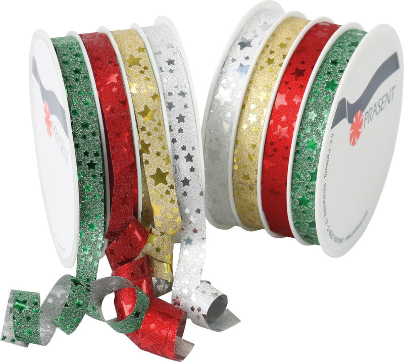 Präsent Geschenkband Multirolle – Weihnachten, Glitter – 4 Bänder, 10 mm × 4 m