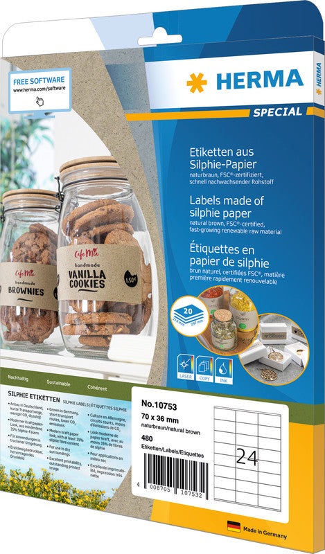 HERMA Drucketiketten, 70 mm × 36 mm, braun, Papier, permanent, Packung 20 Blatt (480 Etiketten)