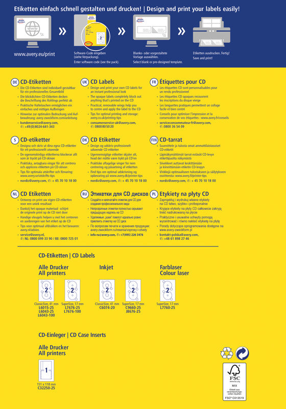Avery CD-/DVD-Etiketten, Ø 117 mm, weiss, Papier, permanent, 50 Etiketten (25 Blatt)