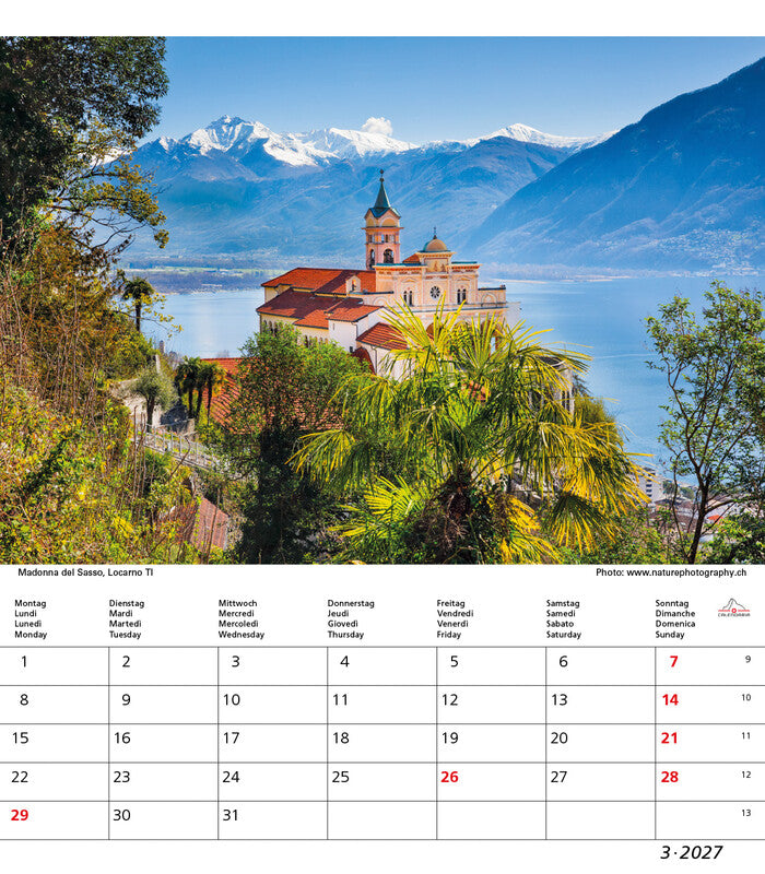 Calendaria Bildkalender Schweiz 2027 – 21 × 24 cm – Kalendarium d/f/i/e