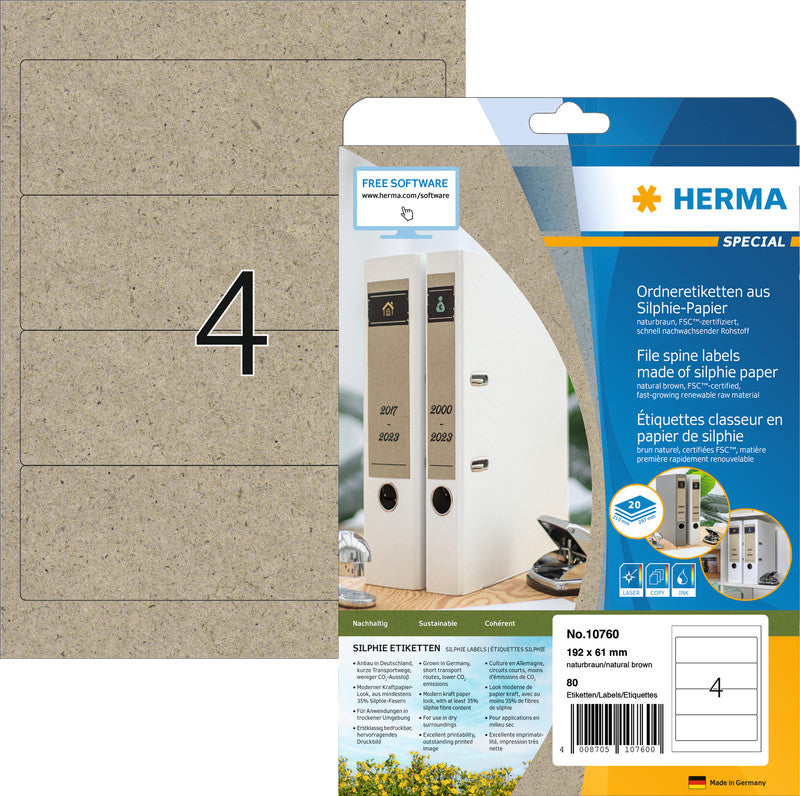 HERMA Druckeretiketten, 192 mm × 61 mm, braun, Papier, permanent, 20 Blatt (80 Etiketten)